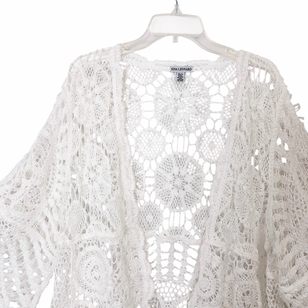 Nina Leonard Fairy Crochet Lace Kimono XL White Open Knit Cottage Coastal Boho - Picture 2 of 10
